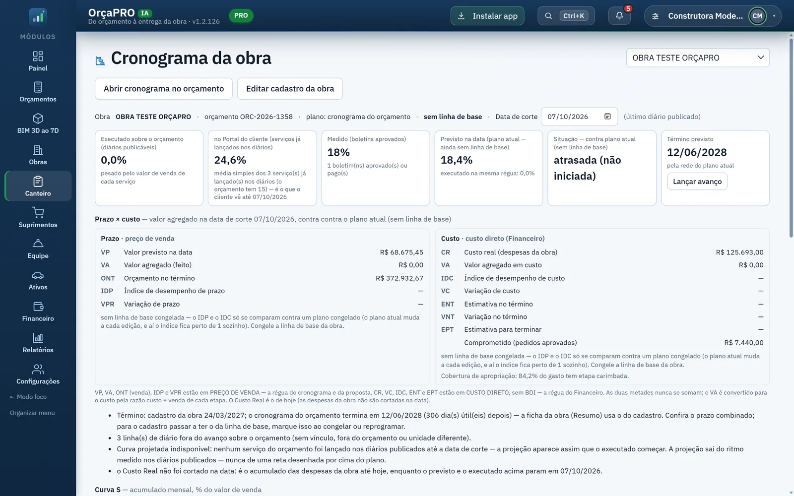 Cronograma da obra no OrçaPRO, com Gantt e caminho crítico