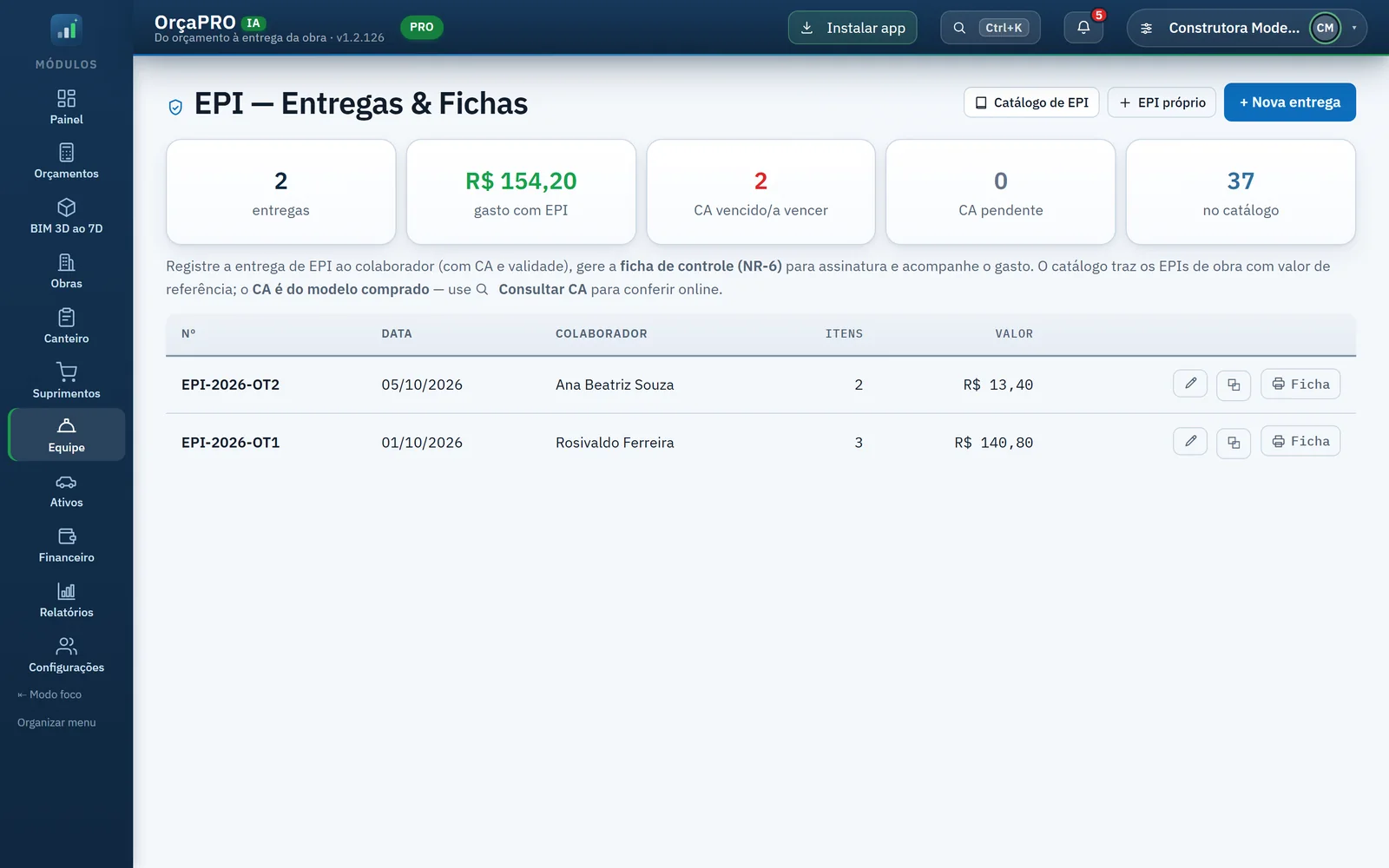 OrçaPRO Equipe: tela do sistema
